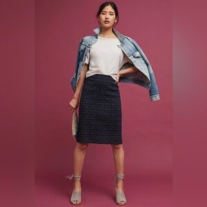 ANTHROPOLOGIE MAEVE Printed Pencil Skirt Back Sipper Detail Navy Blue Work S M